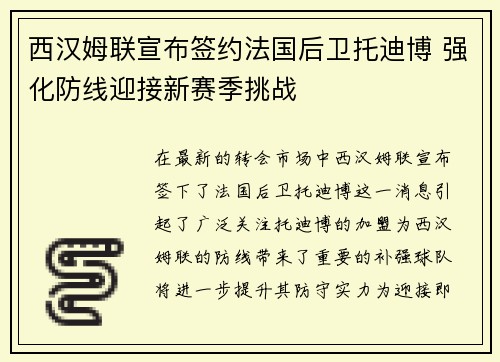 西汉姆联宣布签约法国后卫托迪博 强化防线迎接新赛季挑战