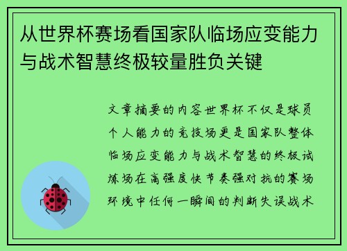 从世界杯赛场看国家队临场应变能力与战术智慧终极较量胜负关键 从世界杯赛场看国家队临场应变能力与战术智慧终极较量胜负关键